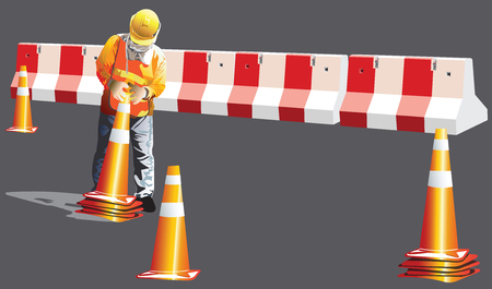 Worker construction service industrial is to keeping clearing of the funnel traffic on the street, Cartoon vector character art illustration, Isolate on gray color has clipping path.のイラスト素材