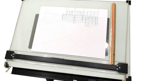 Decorate project shop perspective sketch design in paper are shelf and window stick on lighting daff desk, Have accessories art scale rular, T-slide, Photo has clipping paths.の写真素材