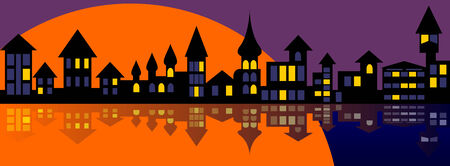 Outlines of city at dawn.Proud sleeps yet.Vectorial illustration.のイラスト素材