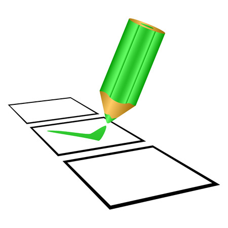 The green pencil does a mark in the chosen cage. The image on a white background.のイラスト素材
