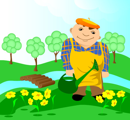 The gardener waters flowers. On a background the bridge through the river and trees.のイラスト素材