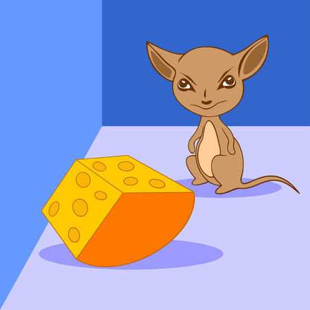 The brown mouse and cheese piece in a blue room.のイラスト素材