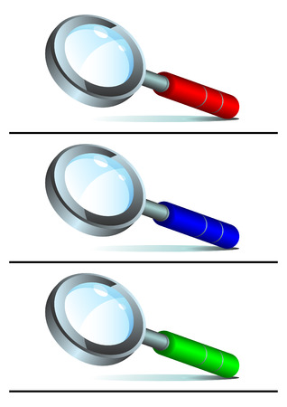 Set of magnifying glasses on a white background. Magnifiers with handles of different color.のイラスト素材