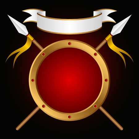 Board and spears on a black background. Above a banner. A heraldic composition.のイラスト素材