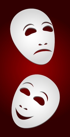 Two white theatrical masks on a red background. Masks represent tragedy and a comedy.のイラスト素材