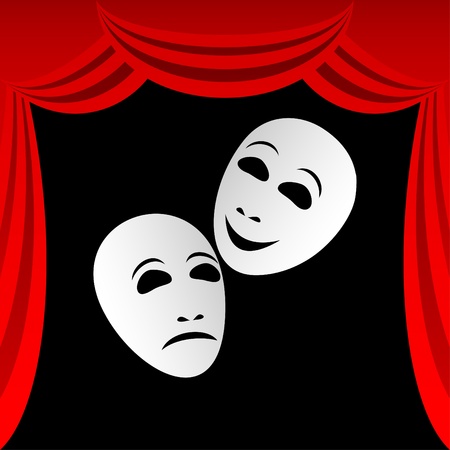 Two white theatrical masks on a black background. Masks represent tragedy and a comedy. Round a composition a red curtain.のイラスト素材