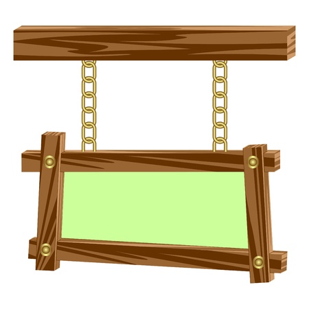 Wooden frame hangs on chains.Wooden frames having an empty seat for the text.Composition on a white background.のイラスト素材
