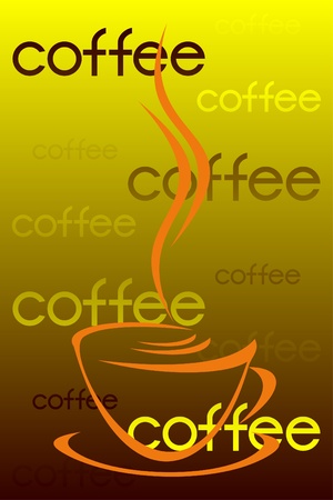 Cup of coffee on a yellow background. Inscriptions coffee are in regular intervals located.のイラスト素材