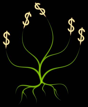 Dollar symbol on a green tree. The composition is on a black background.のイラスト素材
