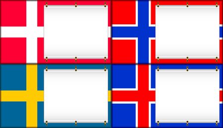 Flags of Denmark, Norway, Sweden and Iceland. On flags banners are located.のイラスト素材
