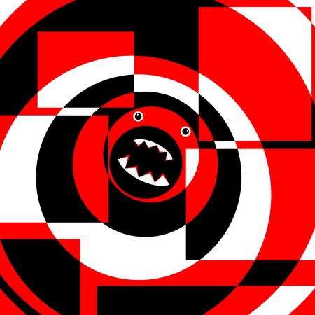 Abstract background from black, white and red details. In the center a strange toothed head.のイラスト素材