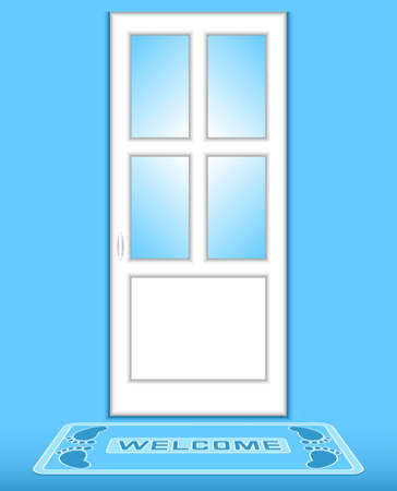 The closed white door on a blue background. Before a door the rug with an inscription "Welcome" lies.のイラスト素材