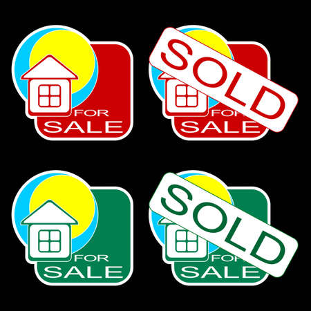 Set of icons for the house on sale. Red and green icons on a black background.のイラスト素材