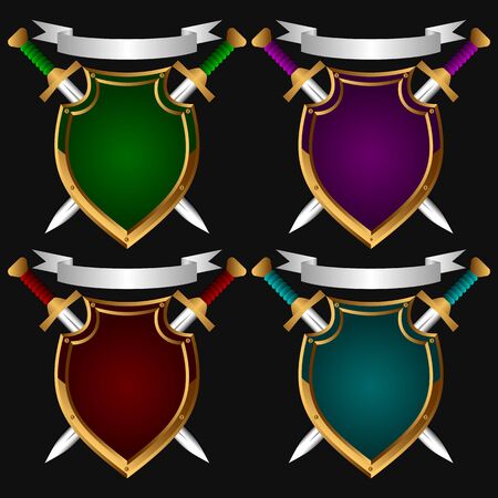 Board on a black background. Behind it two swords. Set. のイラスト素材