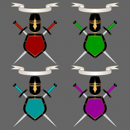 Banner, knightly helmet, shield and swords on a gray background. A heraldic composition. Setのイラスト素材