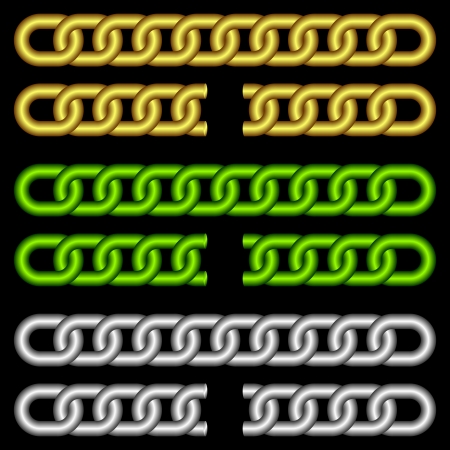 Set of chains of different color on a black background. Chains not damaged and chains damaged.のイラスト素材