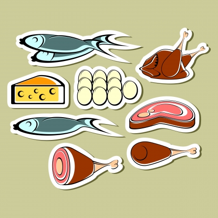 Set of stickers. Cheese, fish, eggs and different meat on a light background.のイラスト素材