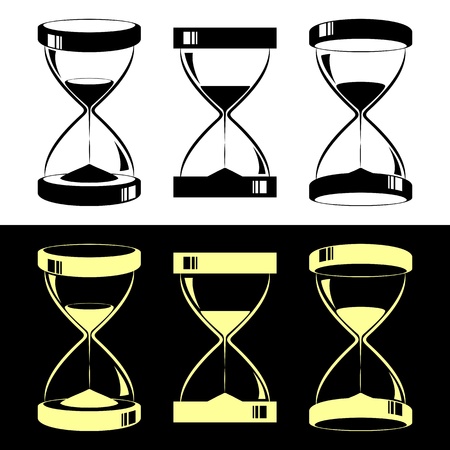 Set of hourglasses. Black hourglasses on a white background. Yellow hourglasses on a black background.のイラスト素材