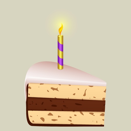 Piece of birthday cake on a light background. At the top of the cake a burning candle.のイラスト素材