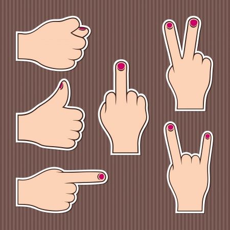 Fingers form different signs  Set of stickers on a brown striped background のイラスト素材