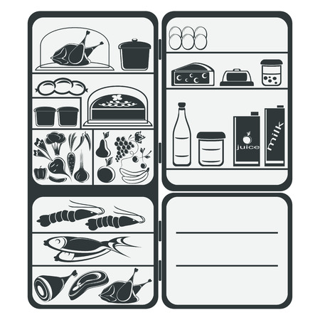 The refrigerator with food on a white. The composition is executed in two colors のイラスト素材