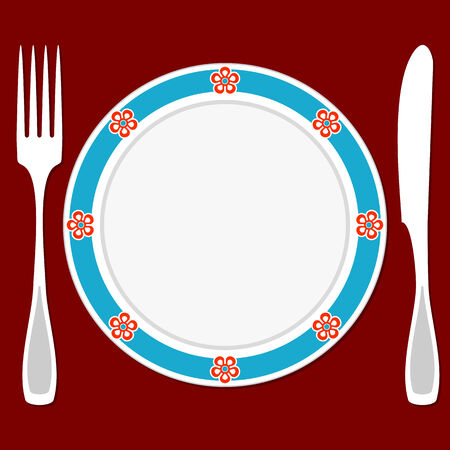 Fork, knife and plate on a red background  Table setting のイラスト素材