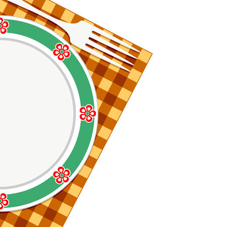 Plate and fork on a napkin  Composition on a white background のイラスト素材
