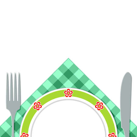 Fork, knife and plate on a green napkin  Composition on a white background のイラスト素材
