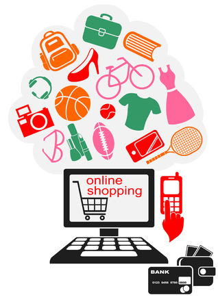 Internet Online Shopping. Colored Goods Icons Flying from the Computer.のイラスト素材