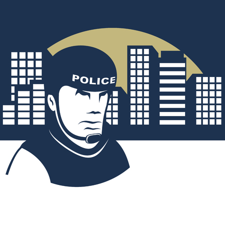 Background on the police theme. Policeman in a helmet guards the city.のイラスト素材