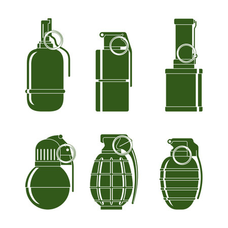 Green silhouettes of various combat grenades. Set on a white background.のイラスト素材