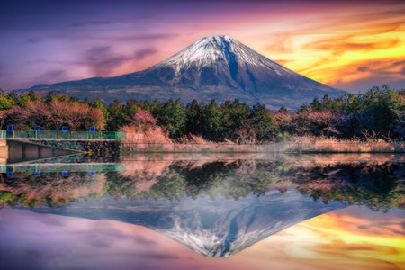 Japan - 21 JAN, 2019 : Fuji mountain from kawaguchiko lake, Mount Fuji located on Honshu Island, is the highest mountain in Japan.のeditorial素材