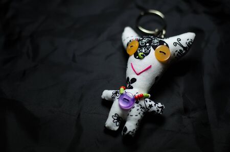 A doll key ring on black background の写真素材