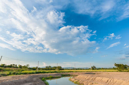 agriculture pond in dried field with cloudscape の写真素材