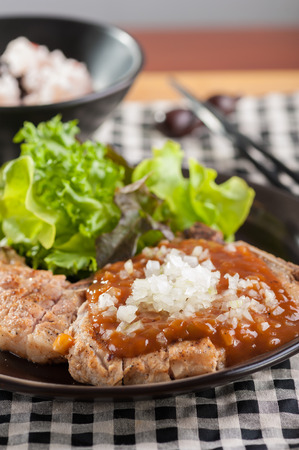 Pork chop steak with Japanese style sauce and Japanese riceの写真素材