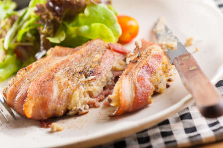 Bacon steak with mash and mushroom inside, Japanese fusion foodの写真素材