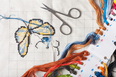 Cross-stitch, a housewife hobby in spare time.の写真素材