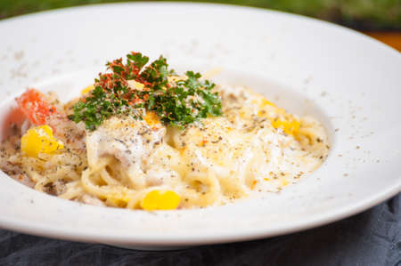 Pasta carbonara with Thai spices.の写真素材