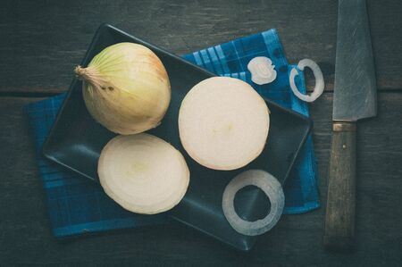 Vegetables on wood table with film filter effectの写真素材