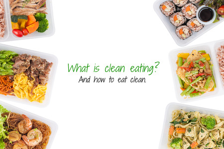 "what is clean food, and how to eat clean" is written on white background with lunch box cooked by clean food concept (easy removable text)の写真素材