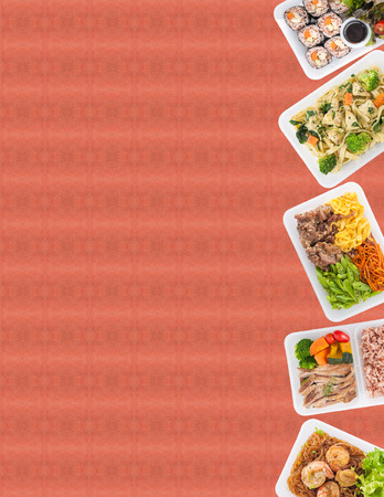sushi, fettuccine, roasted pork, grilled pork with eggs, and Shrimp and vermicelli baked with herbs cooked by clean food concept on pattern background with area for adding text on left sideの写真素材