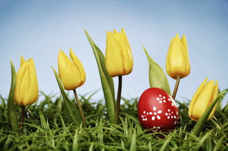 yellow tulips and easter egg arrangement on green grassの写真素材