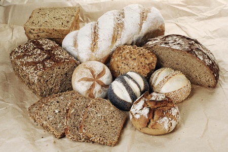 different sorts of wholemeal breads and rolls, selective focus