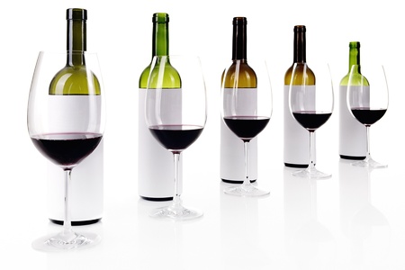 Blind wine tasting on white, masked labels of wine bottles, selective focusの写真素材