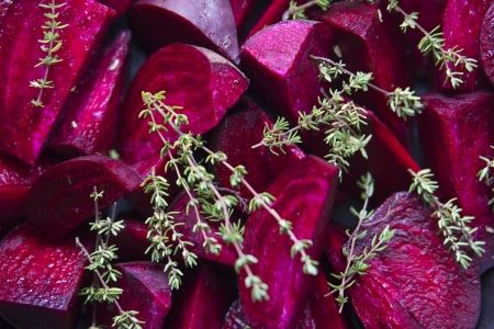 Raw Beetroot and Thyme in a Tagine, ready to be stewed
