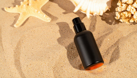 A close-up of a black sunscreen spray bottle lying on a sand background with beautiful seashells and a starfish. A concept of summer vacation, skincare and cosmeticsの素材