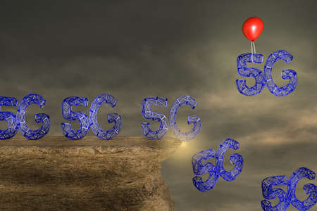 5G letters in a shape of telecommunication tower on a stone cliff with a red balloon help to escape...