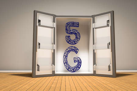 5G in fridge on wooden floor. Freeze the connection 5G or speed delay concept. 3D illustration