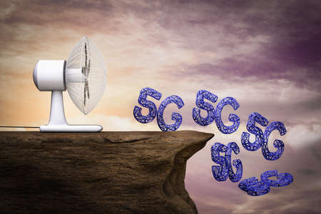 A fan blows many 5G letters on cliff at sunset magenta day. 5G falling concept. 3D illustration