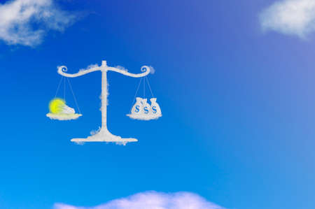 Cloud shape of light bulb idea and money on balance scale, blue sky background. Transforming idea...